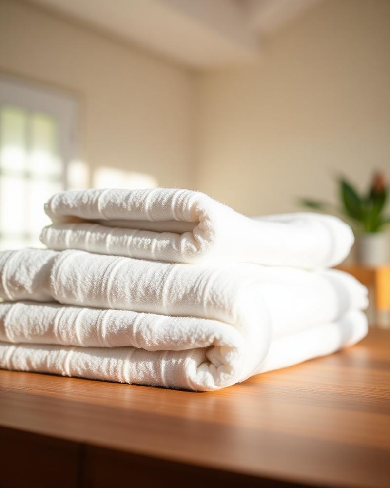 Neatly folded stack of fresh white towels on a wooden surface